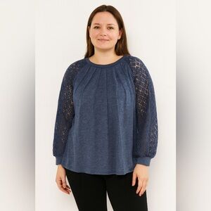 SHEIN Navy Lace Sleeve Blouse